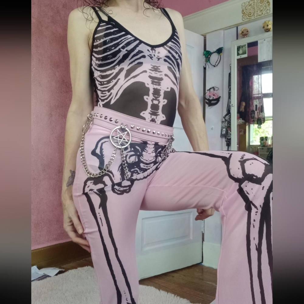 Killstar × Avril Lavigne NWOT sheer mesh kawaii goth sexy flared skeleton pants - Picture 8 of 8